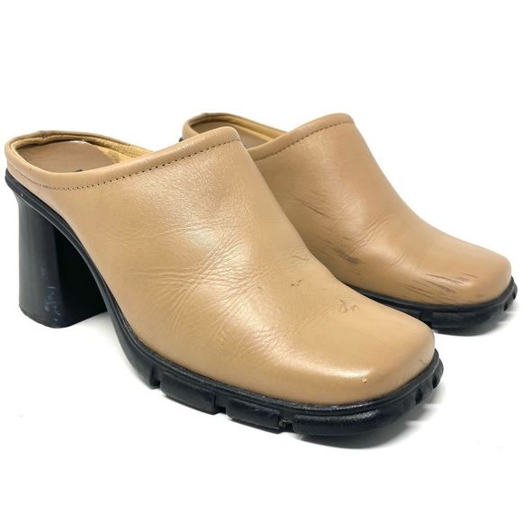 Vintage 90s Y2K Wanted Square Toe Tan Leather Heeled Mules Size 6 - Picture 2 of 11